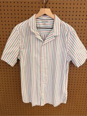 Amazon Essentials Short Sleeve Camp Collar Shirt Pastel Stripe Pink Mint Navy M
